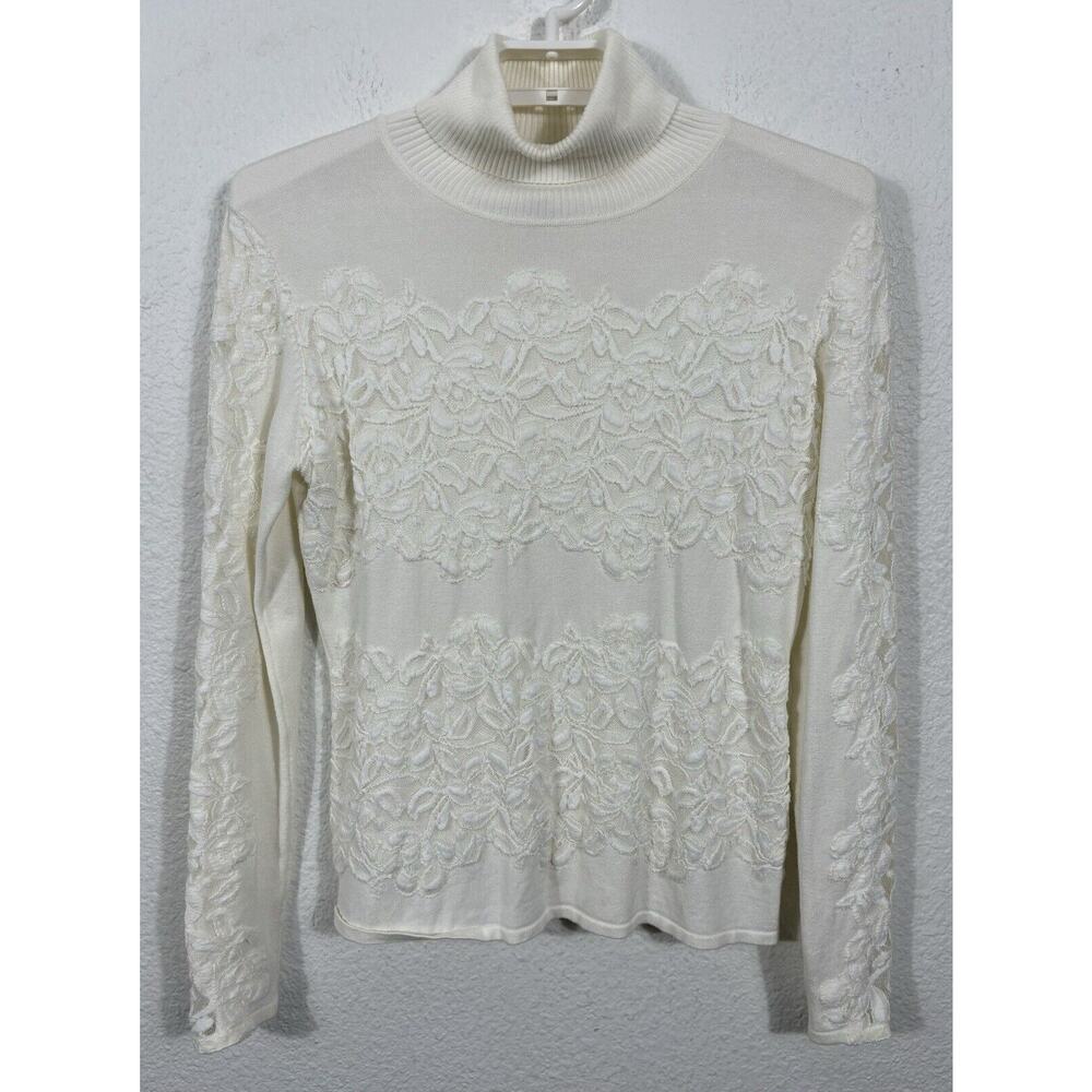 LaSeine Turtleneck Top Size Medium Ivory‎ Knit Viscose Blend Floral Lace Accents